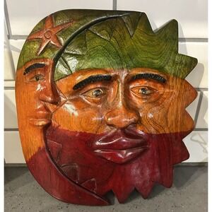 Wooden Wood Sun & Moon Mask‎ Hand Carved Multicolored Plaque Figure